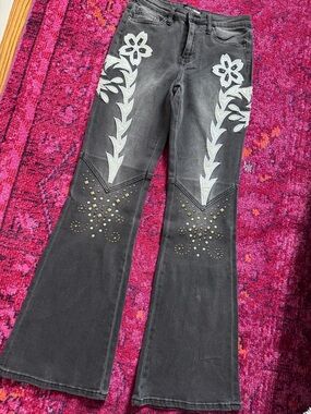 Black Embroidered Western Flare Jeans with Stud Details